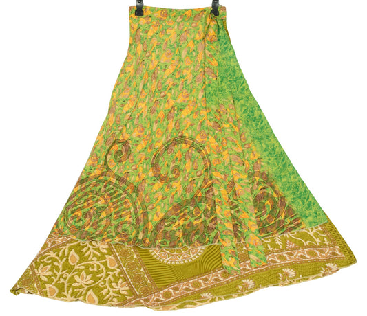 Sushila Vintage Art Silk Saree Green Magic Wrap Reversible Skirt Beach Dress