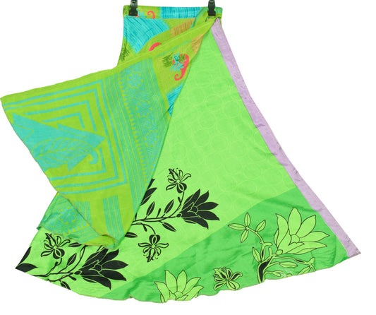 Sushila Vintage Parrot Green Saree Magic Wrap Reversible Skirt Art Silk Beach Dress