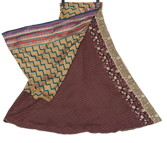 Sushila Vintage Art Silk Saree Magic Wrap Reversible Skirt Dark Brown Beach Dress