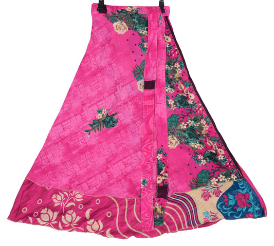 Sushila Vintage Art Silk Saree Magic Wrap Reversible Skirt Beach Dress Magenta Boho