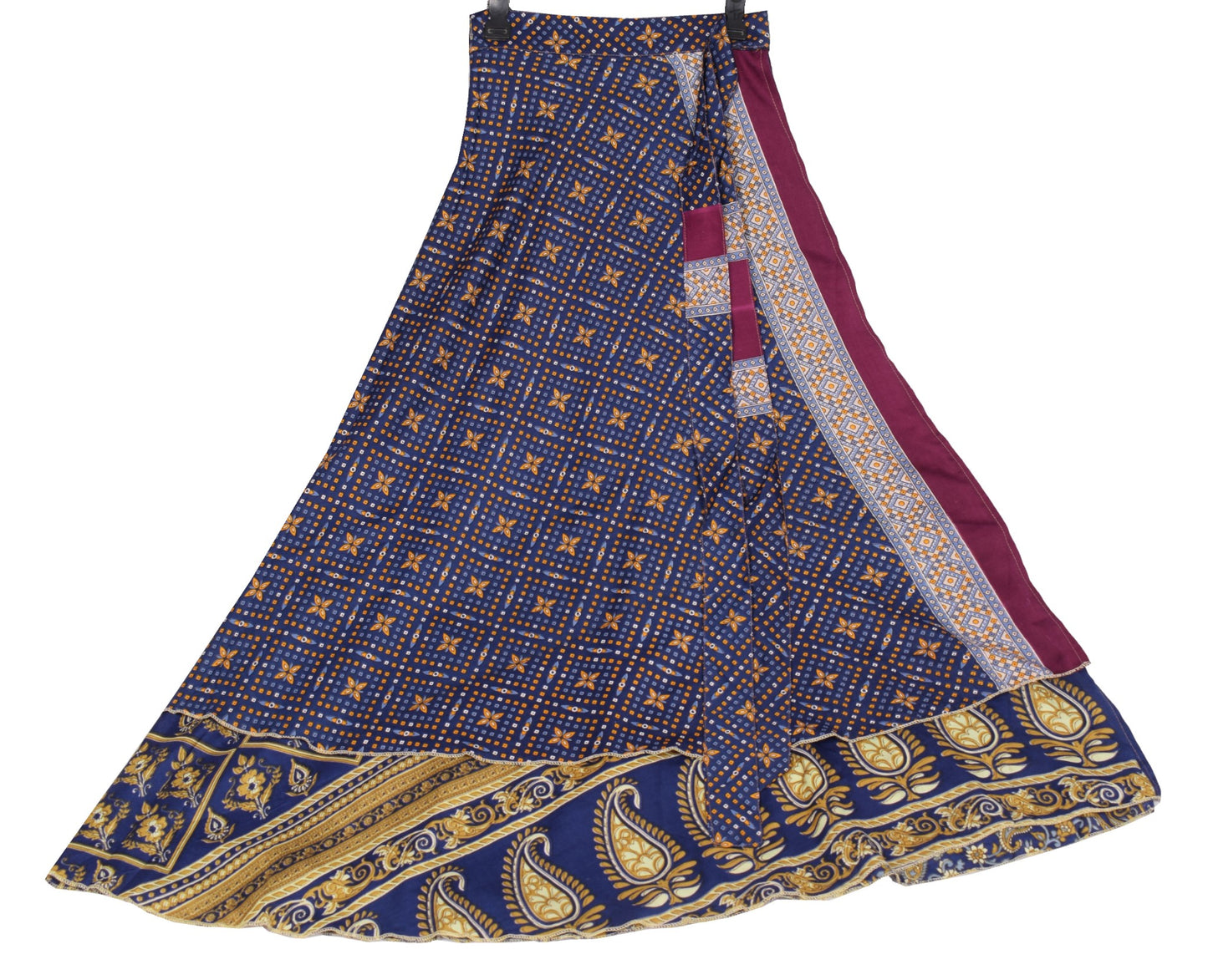 Sushila Vintage Art Silk Saree Magic Wrap Reversible Skirt Paisley Blue Beach Dress