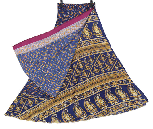 Sushila Vintage Art Silk Saree Magic Wrap Reversible Skirt Paisley Blue Beach Dress