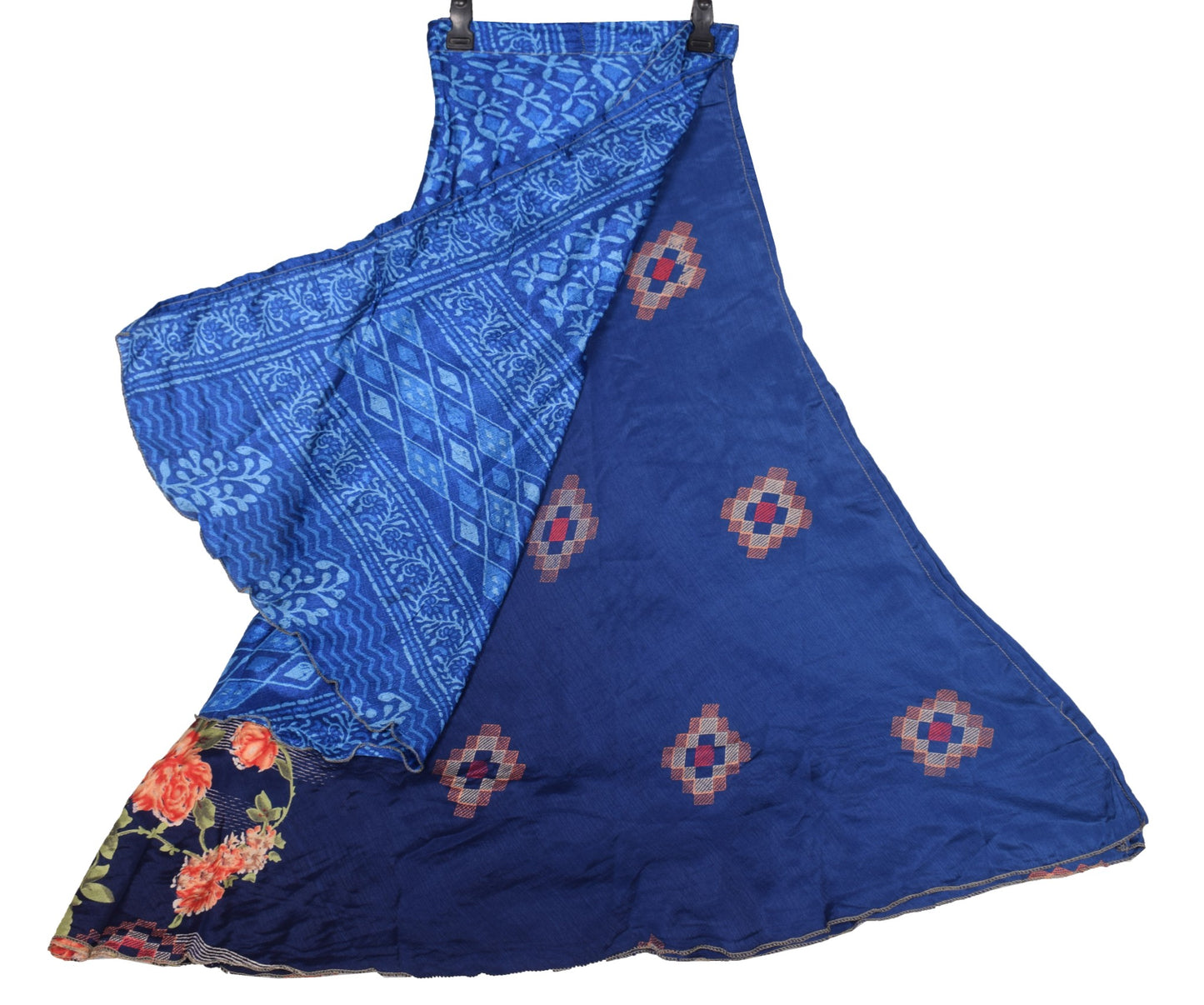 Sushila Vintage Art Silk Saree Magic Wrap Reversible Skirt 2 Layer Blue Dress
