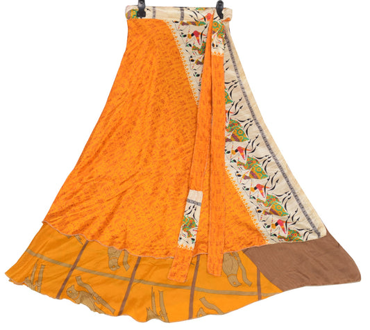 Sushila Vintage Art Silk Saree Magic Wrap Reversible Skirt Mustard Bird Beach Dress