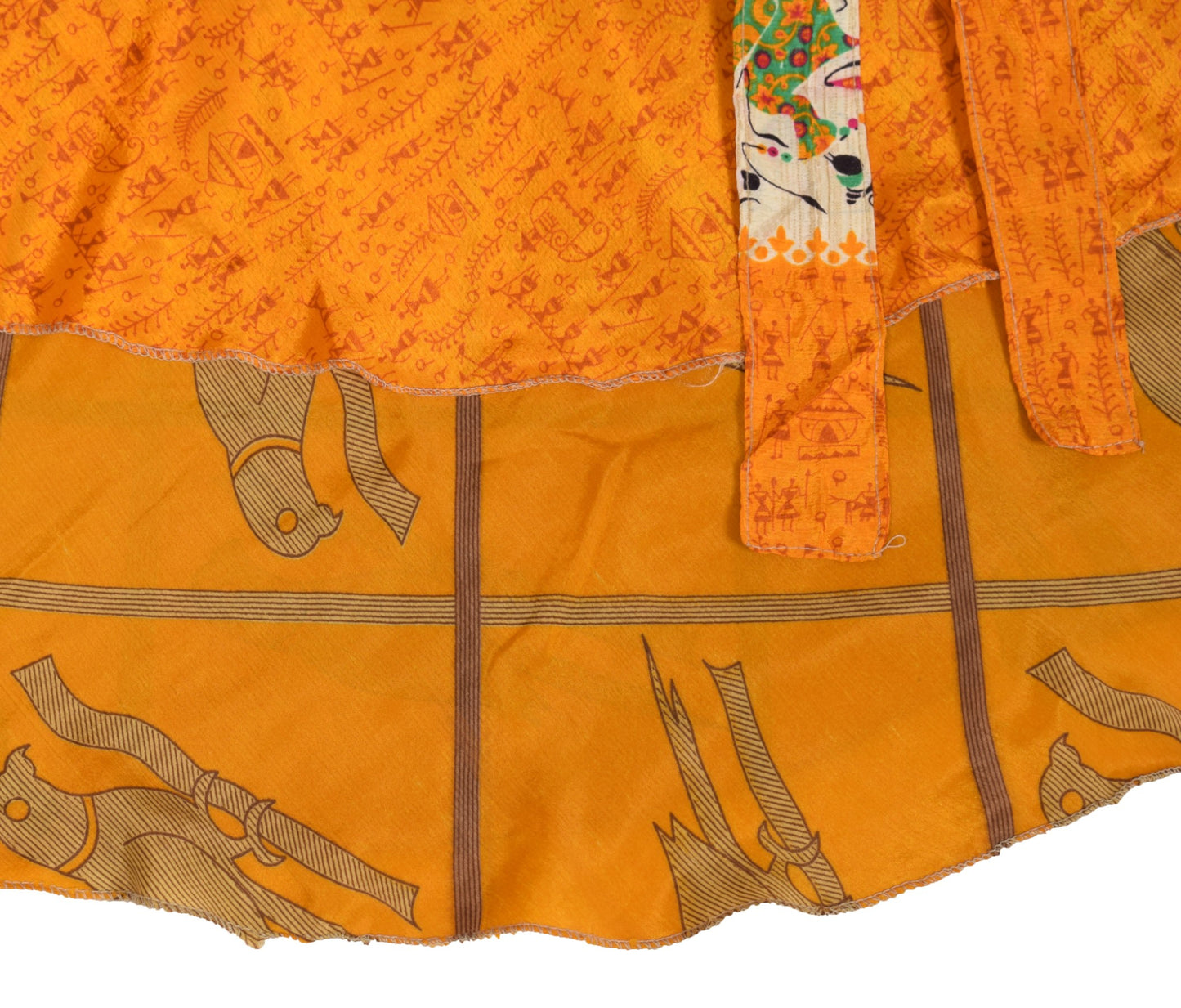 Sushila Vintage Art Silk Saree Magic Wrap Reversible Skirt Mustard Bird Beach Dress