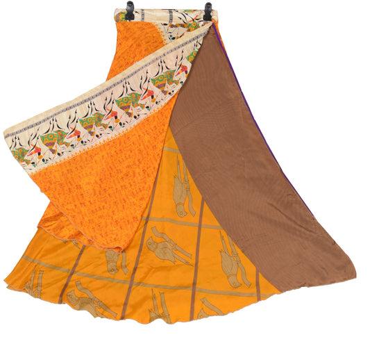 Sushila Vintage Art Silk Saree Magic Wrap Reversible Skirt Mustard Bird Beach Dress