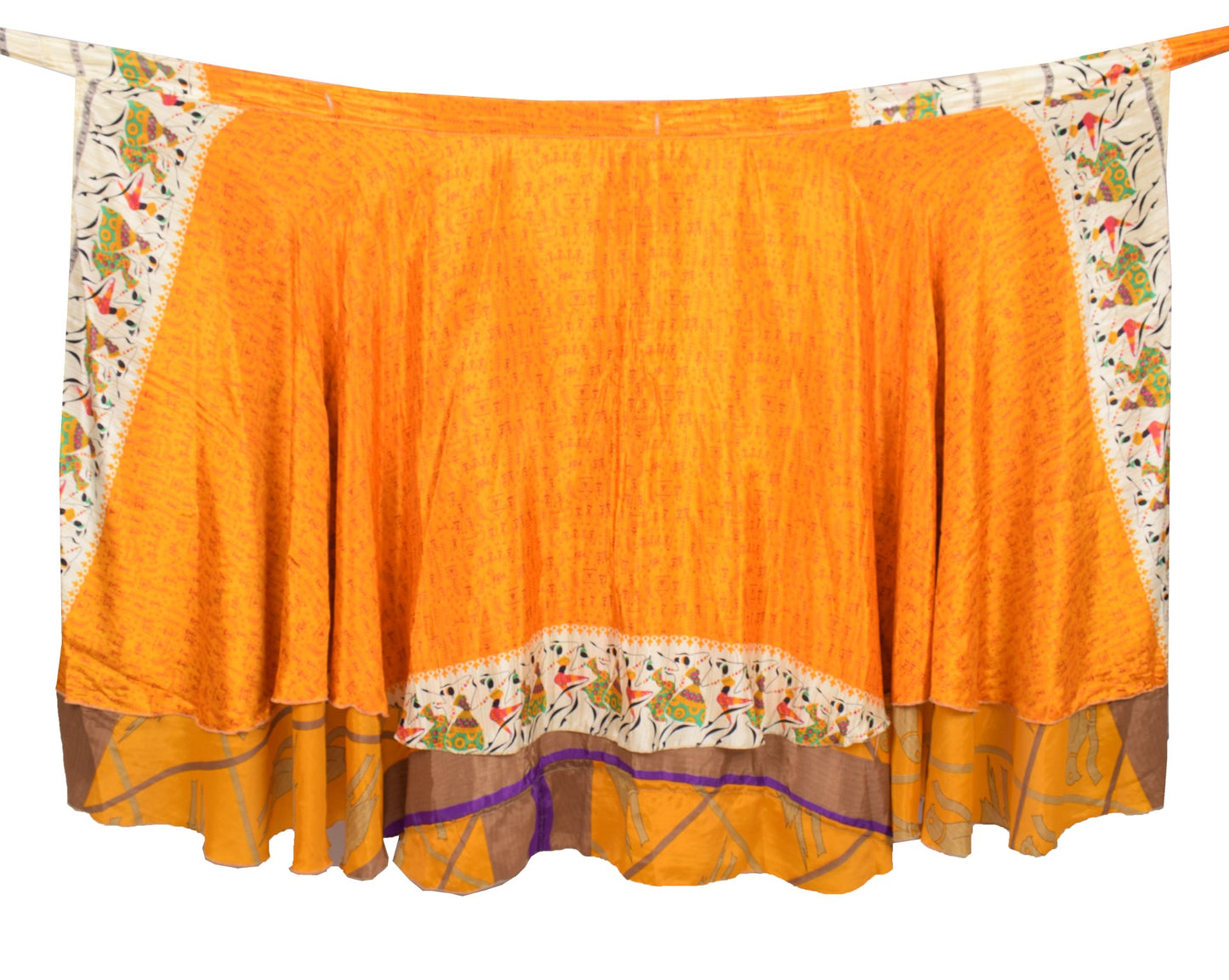 Sushila Vintage Art Silk Saree Magic Wrap Reversible Skirt Mustard Bird Beach Dress