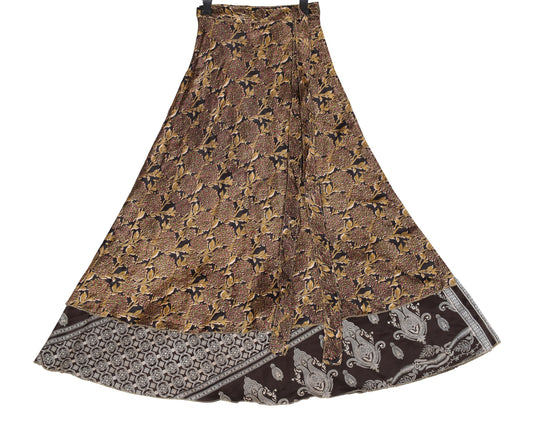 Sushila Vintage Art Silk Saree Magic Wrap Dark Brown Reversible Skirt Beach Dress