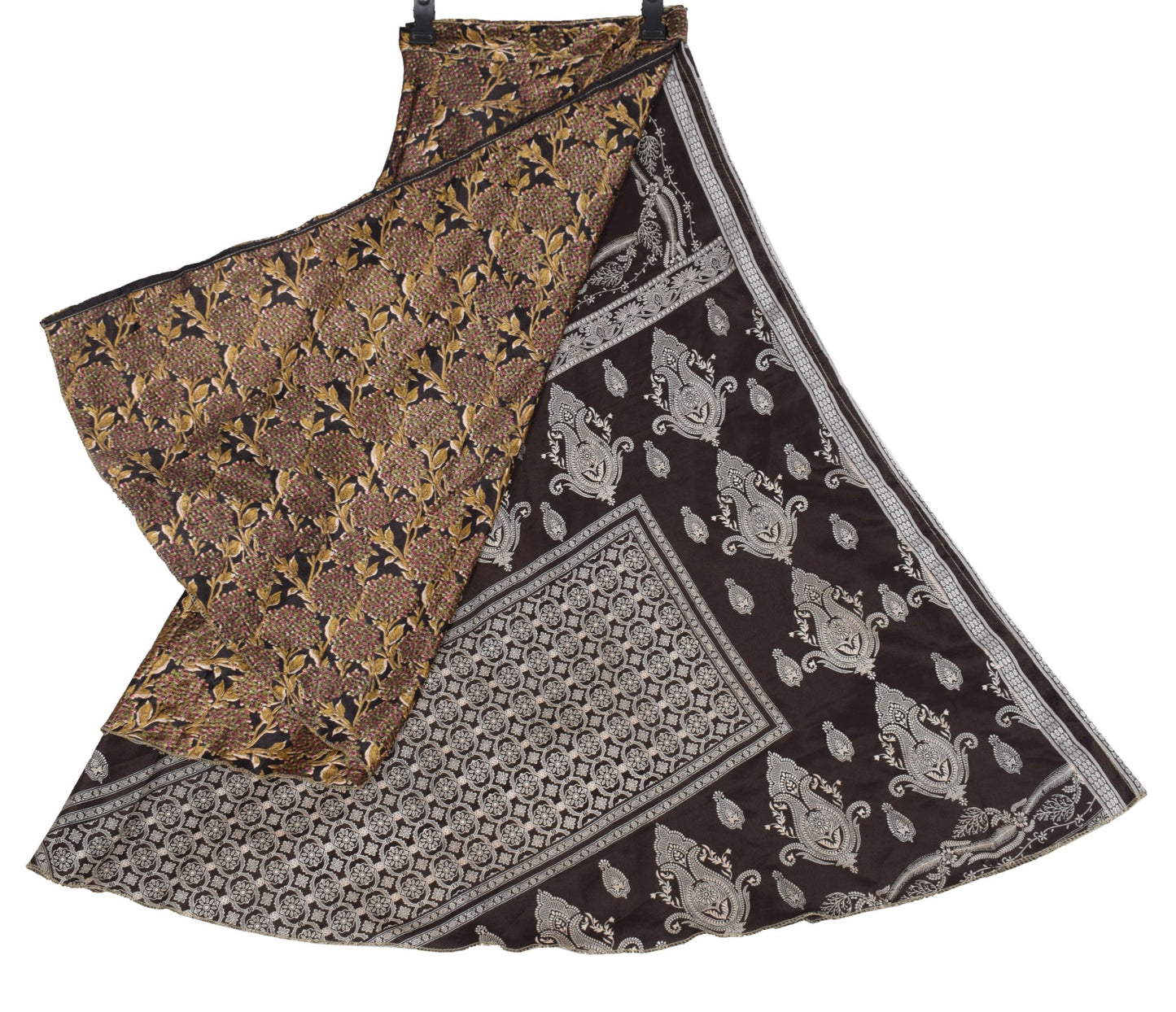 Sushila Vintage Silk Saree Magic Wrap Dark Brown Reversible Skirt Beach Dress