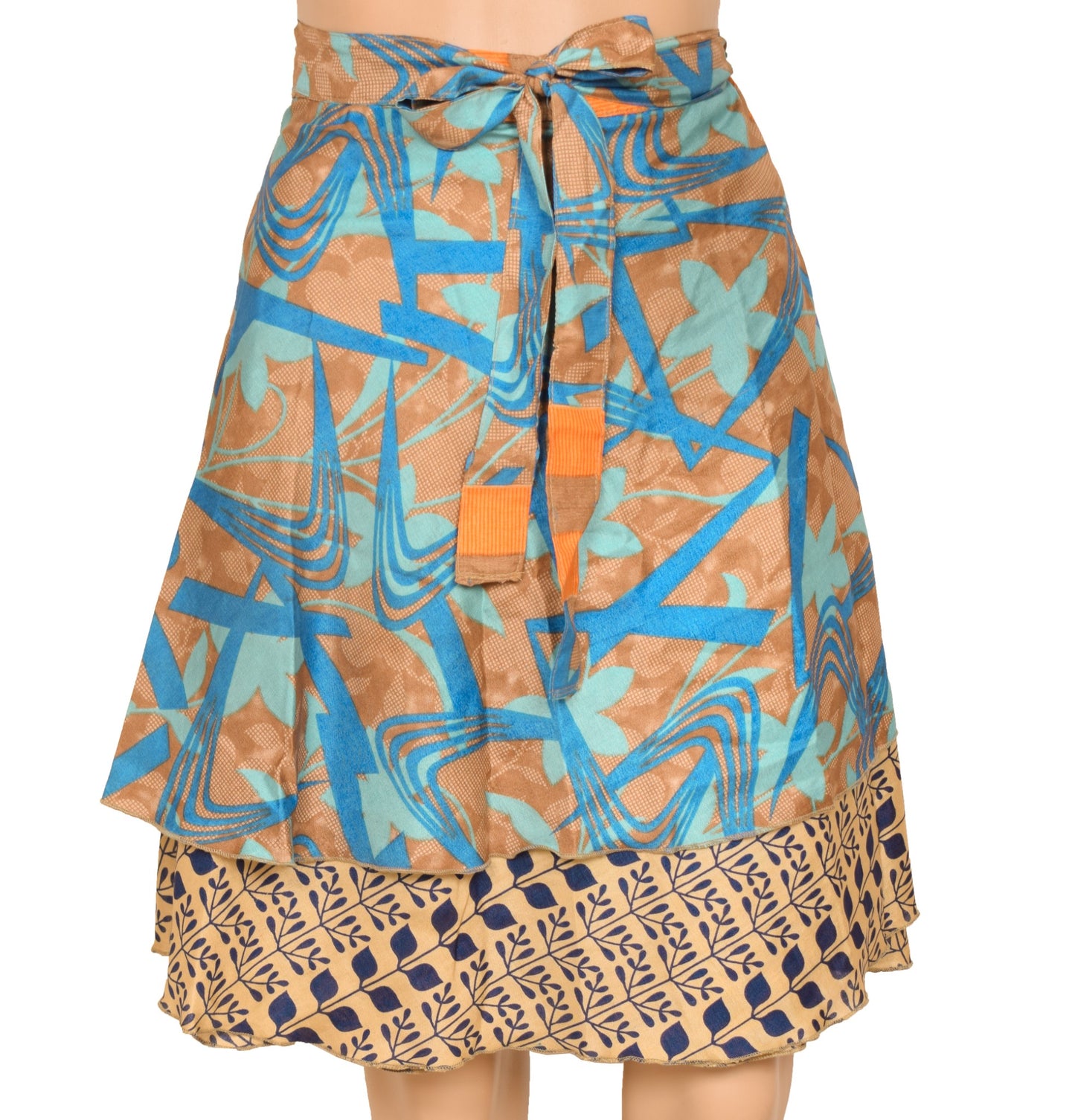 Sushila Vintage Cream Mini Wrap Magic Skirt Indian Art Silk Reversible Beach Dress