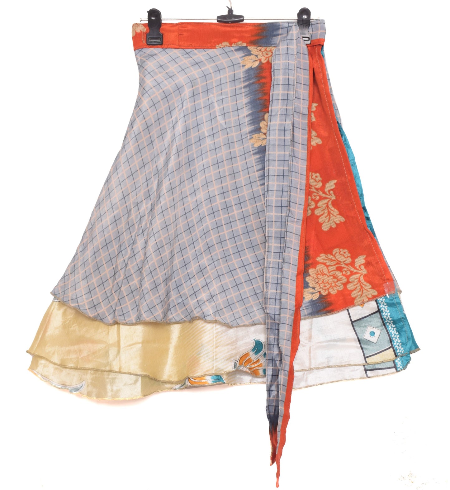 Sushila Vintage Gray Mini Wrap Magic Skirt Art Silk Saree Reversible Beach Dress