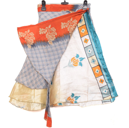 Sushila Vintage Gray Mini Wrap Magic Skirt Art Silk Saree Reversible Beach Dress