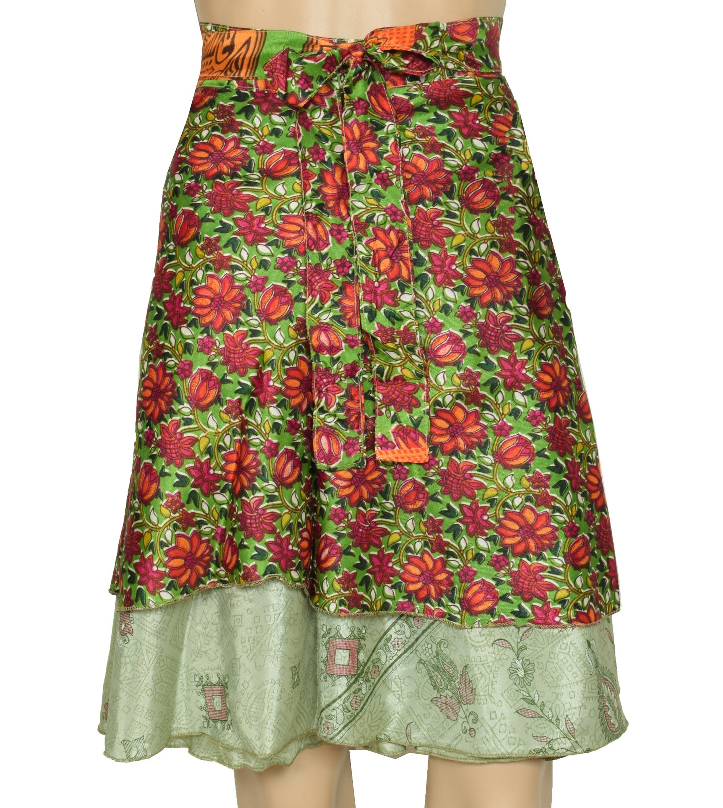 Sushila Vintage Mini Wrap Magic Skirt Saree Green Reversible Art Silk Beach Dress
