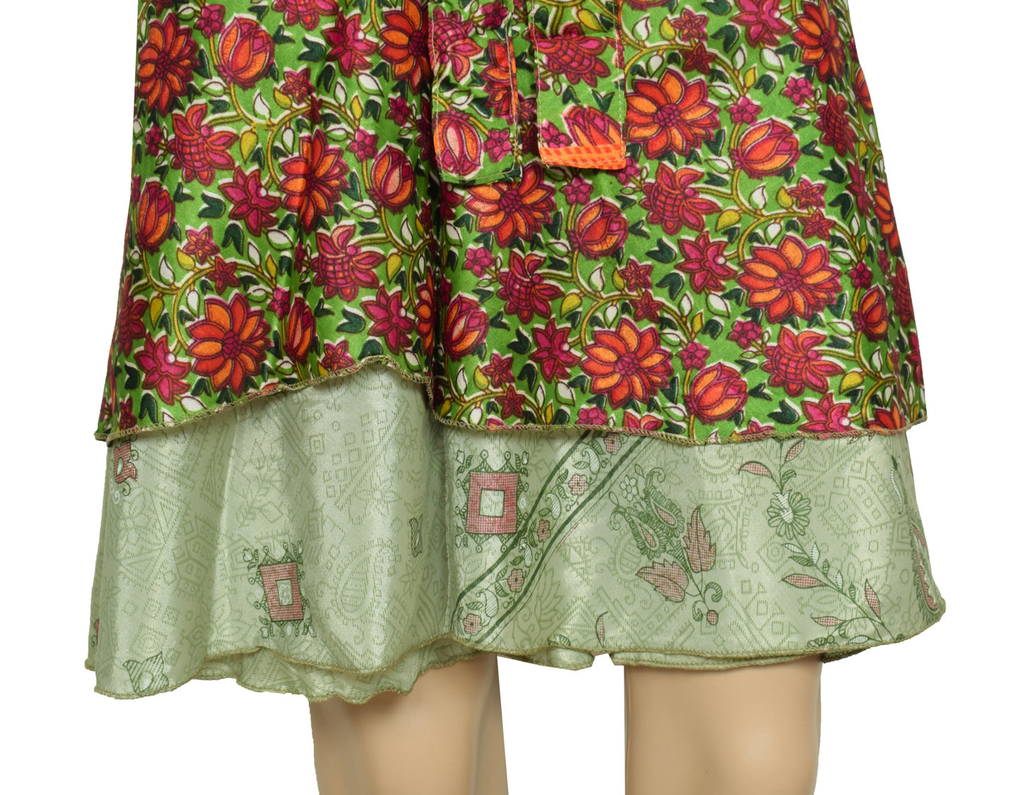 Sushila Vintage Mini Wrap Magic Skirt Saree Green Reversible Art Silk Beach Dress