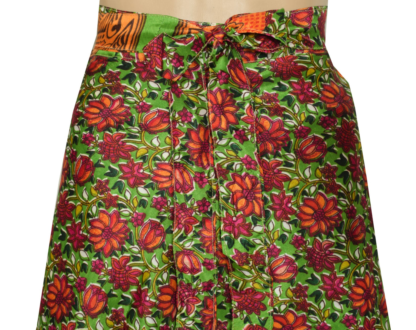 Sushila Vintage Mini Wrap Magic Skirt Saree Green Reversible Art Silk Beach Dress