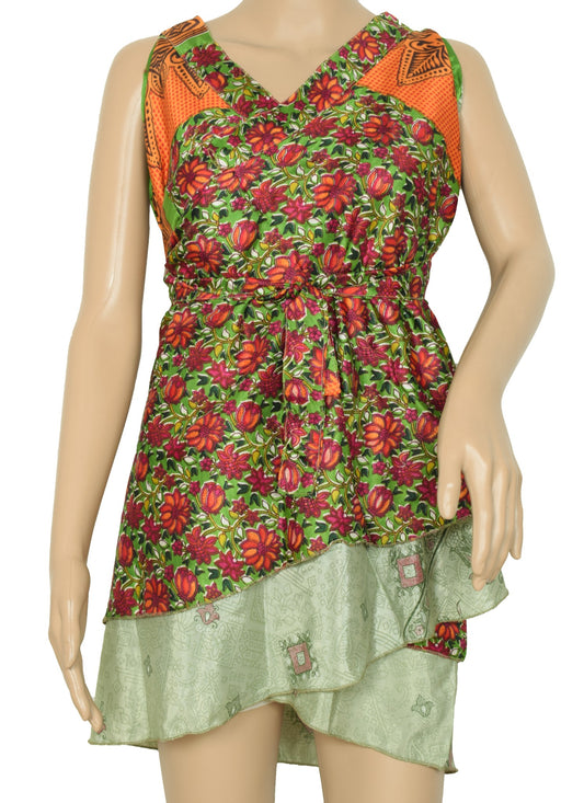 Sushila Vintage Mini Wrap Magic Skirt Saree Green Reversible Art Silk Beach Dress