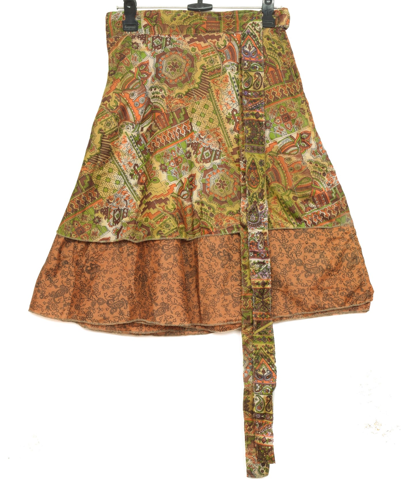 Sushila Vintage Brown Mini Wrap Magic Skirt Art Silk Saree Reversible Beach Dress