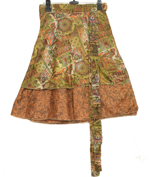 Sushila Vintage Brown Mini Wrap Magic Skirt Art Silk Saree Reversible Beach Dress