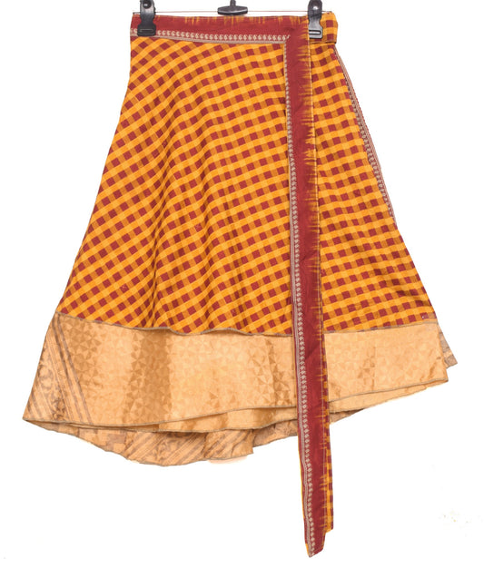 Sushila Vintage Peach Mini Wrap Magic Skirt Art Silk Saree Reversible Beach Dress