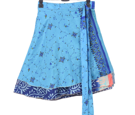 Sushila Vintage Mini Wrap Magic Skirt Indian Art Silk Reversible Blue BeachDress