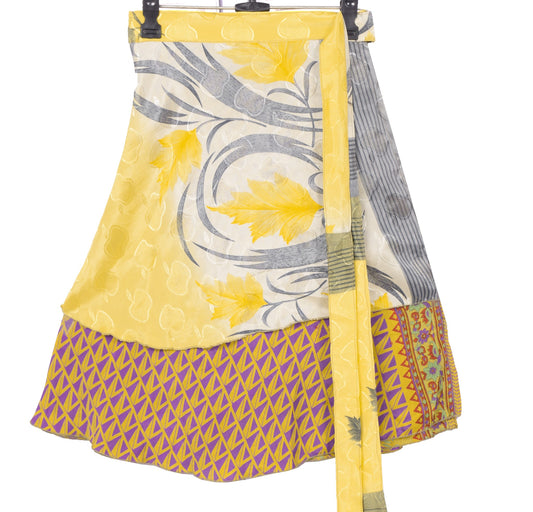 Sushila Vintage Yellow Mini Wrap Magic Skirt Art Silk Reversible Beach Dress
