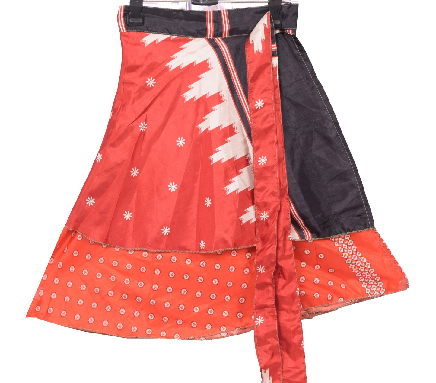 Sushila Vintage Art Silk Red Mini Wrap Magic Skirt Indian Reversible Beach Dress