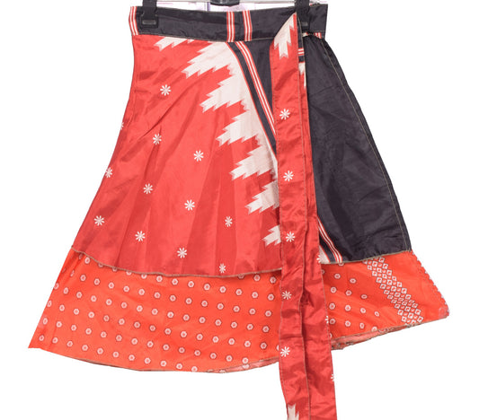 Sushila Vintage Art Silk Red Mini Wrap Magic Skirt Indian Reversible Beach Dress