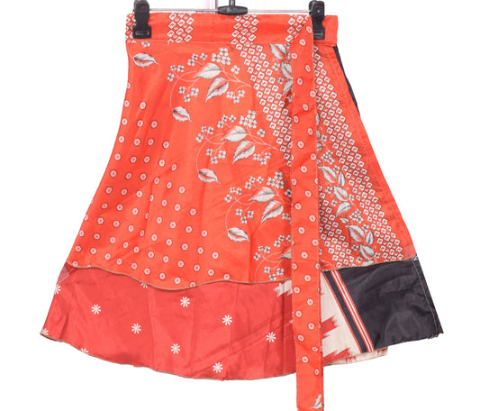Sushila Vintage Red Mini Wrap Magic Skirt Indian Art Silk Reversible Beach Dress