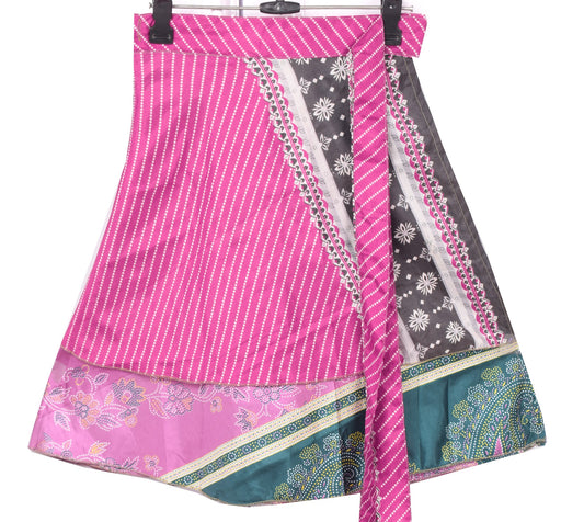 Sushila Vintage Magenta Mini Wrap Magic Skirt Art Silk Reversible Beach Dress