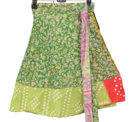 Sushila Vintage Mini Wrap Magic Skirt Art Silk Green Reversible Beach Dress Boho