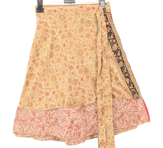 Sushila Vintage Peach Mini Wrap Magic Skirt Art Silk Reversible Beach Dress Boho