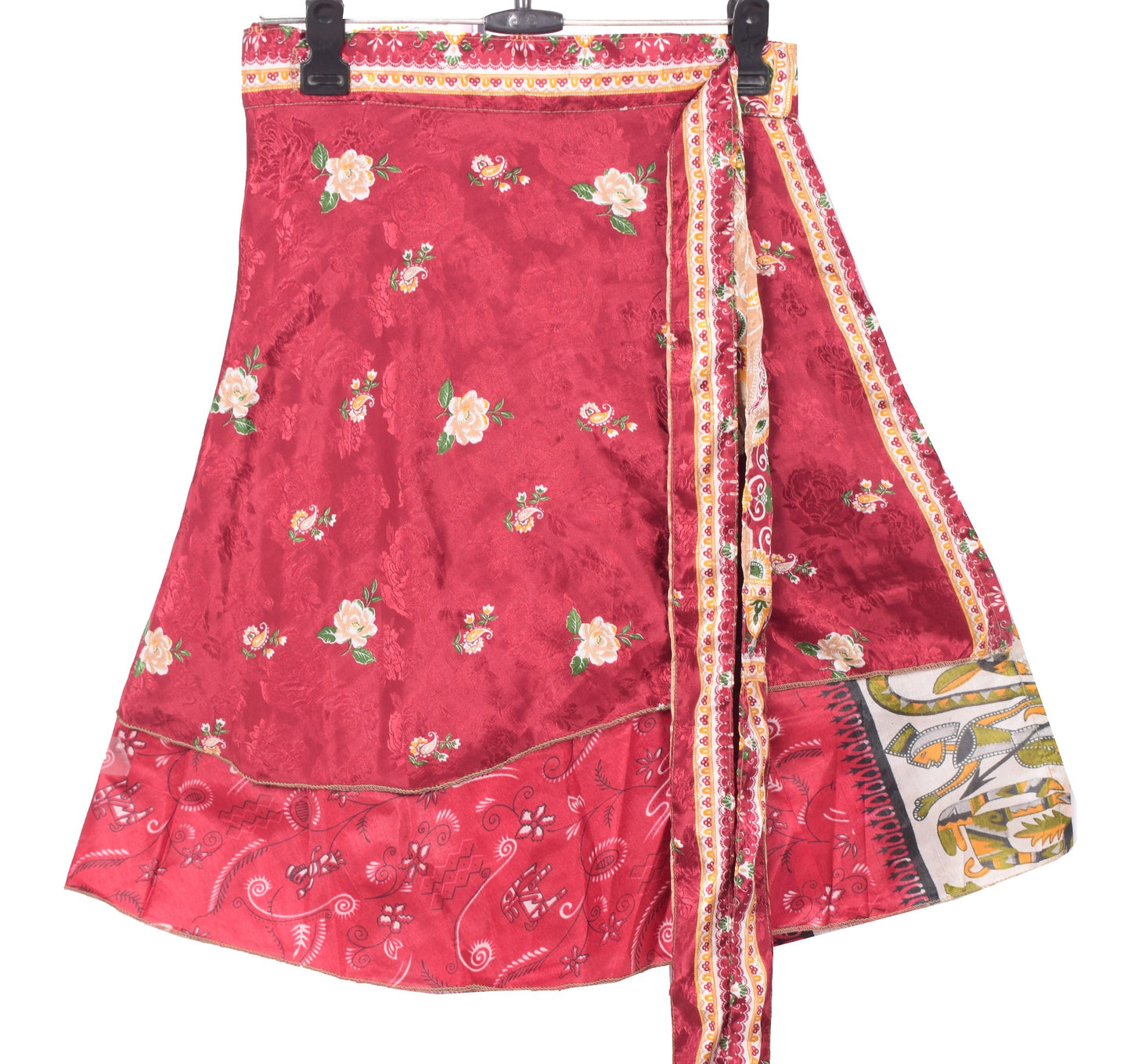 Sushila Vintage Red Floral Mini Wrap Magic Skirt Art Silk Reversible Beach Dress