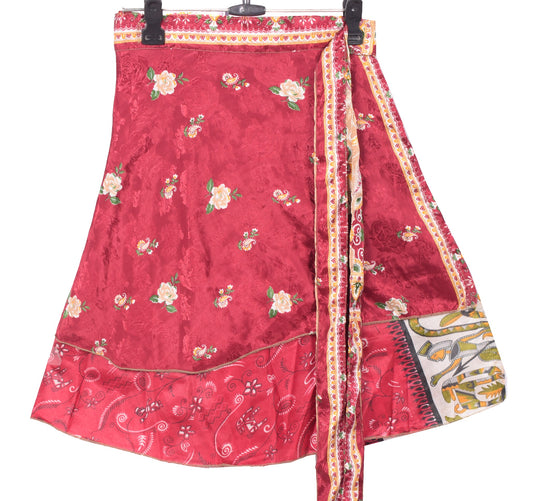 Sushila Vintage Red Floral Mini Wrap Magic Skirt Art Silk Reversible Beach Dress