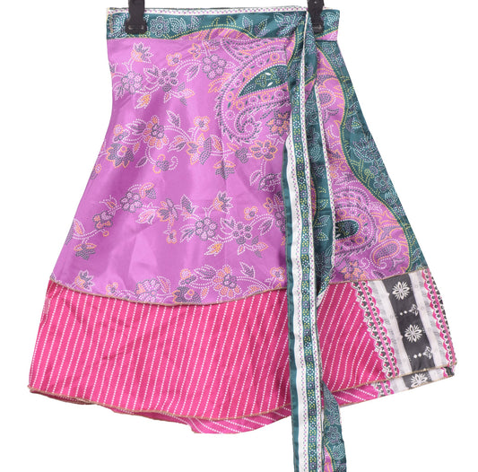 Sushila Vintage Pink Mini Wrap Magic Skirt Indian Art Silk Reversible BeachDress