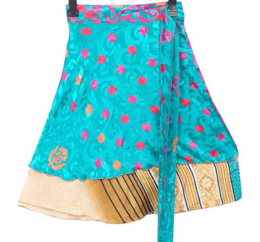 Sushila Vintage Cream Mini Wrap Magic Skirt Indian Art Silk Reversible Beach Dress
