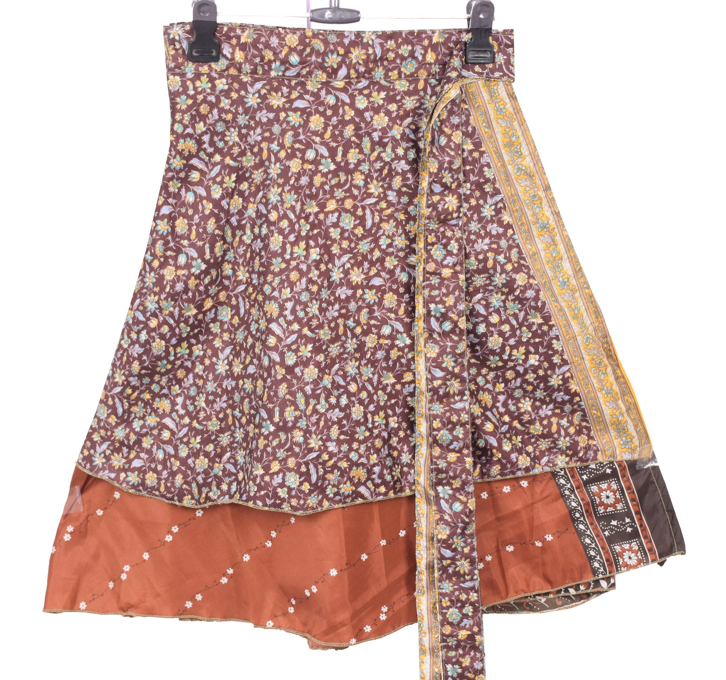 Sushila Vintage Brown Mini Wrap Magic Skirt Art Silk Reversible Beach Dress Boho
