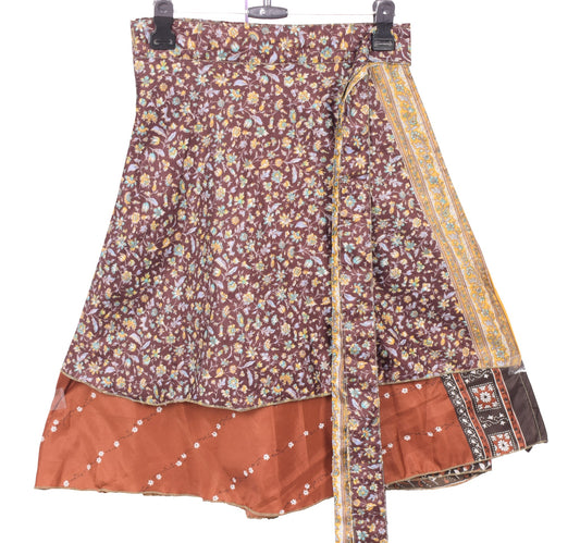 Sushila Vintage Brown Mini Wrap Magic Skirt Art Silk Reversible Beach Dress Boho
