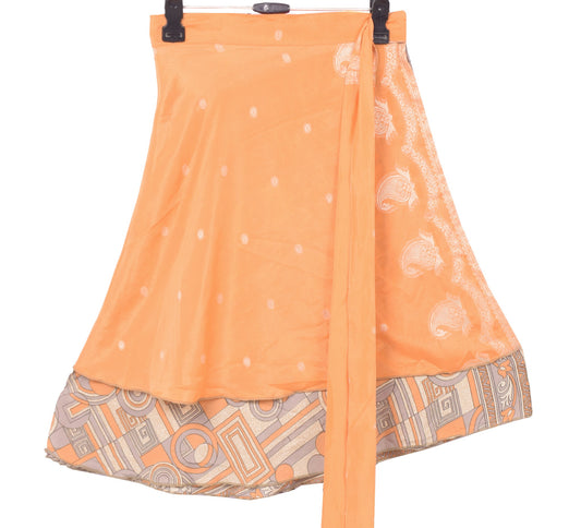 Sushila Vintage Peach Mini Wrap Magic Skirt Art Silk Reversible Beach Dress Boho