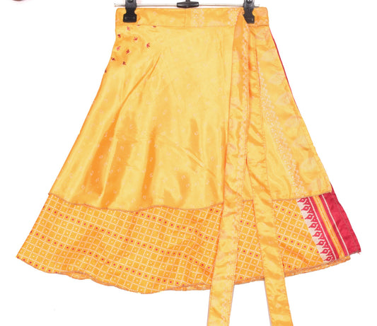 Sushila Vintage Yellow Mini Wrap Magic Skirt Indian Art Silk Reversible Beach Dress