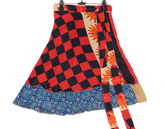 Sushila Vintage Blue Mini Wrap Magic Skirt Indian ArtSilk Reversible Beach Dress