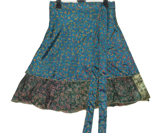 Sushila Vintage Green Blue Mini Wrap Magic Skirt Art Silk Reversible Beach Dress