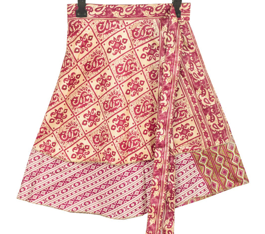 Sushila Vintage Cream Mini Wrap Magic Skirt Art Silk Reversible Beach Dress Boho