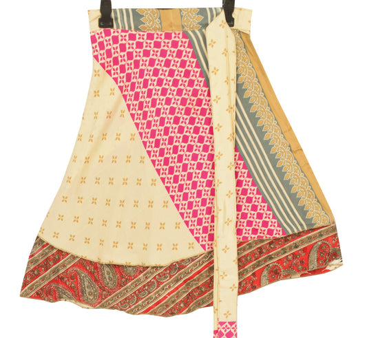 Sushila Vintage Mini Wrap Magic Skirt Art Silk Reversible Cream Beach Dress Boho