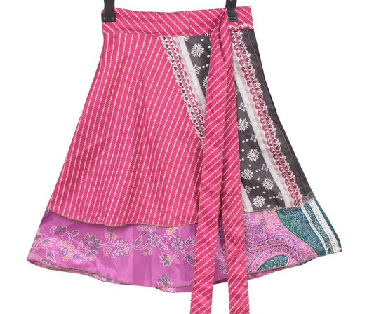 Sushila Vintage Mini Wrap Magic Skirt Art Silk Reversible Beach Dress Pink Boho