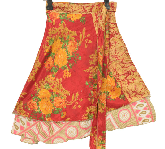 Sushila Vintage Mini Wrap Magic Skirt Art Silk Reversible Beach Dress Floral Red