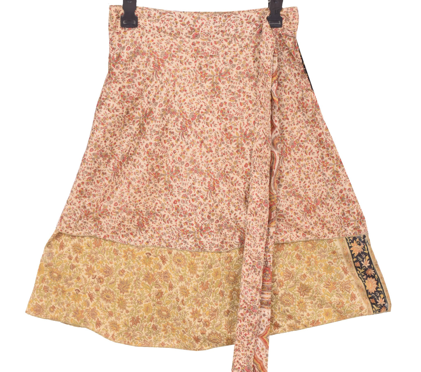 Sushila Vintage Cream Mini Wrap Magic Skirt Art Silk Reversible Beach Dress Boho