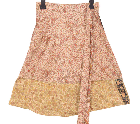 Sushila Vintage Cream Mini Wrap Magic Skirt Art Silk Reversible Beach Dress Boho