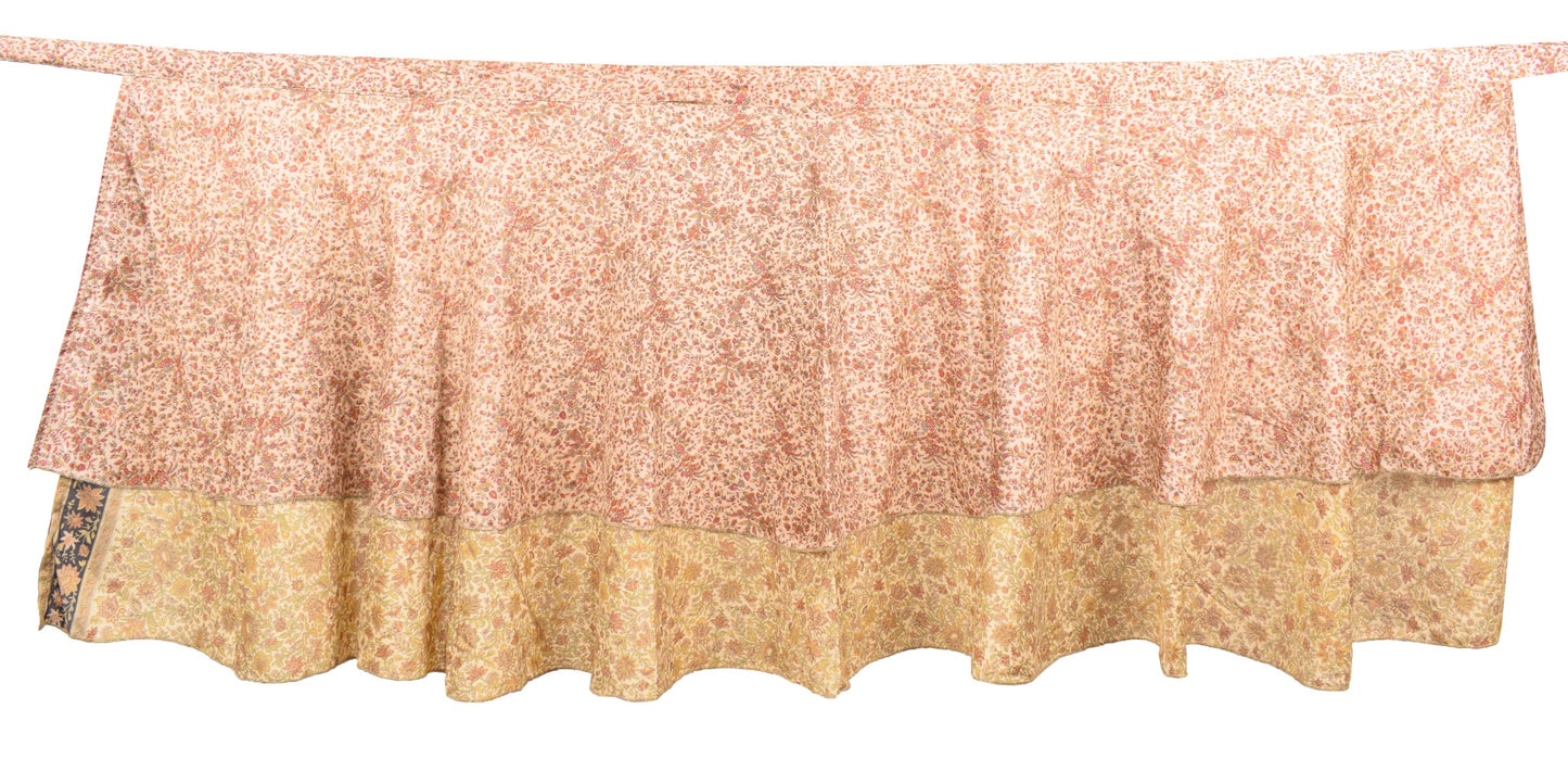 Sushila Vintage Cream Mini Wrap Magic Skirt Art Silk Reversible Beach Dress Boho