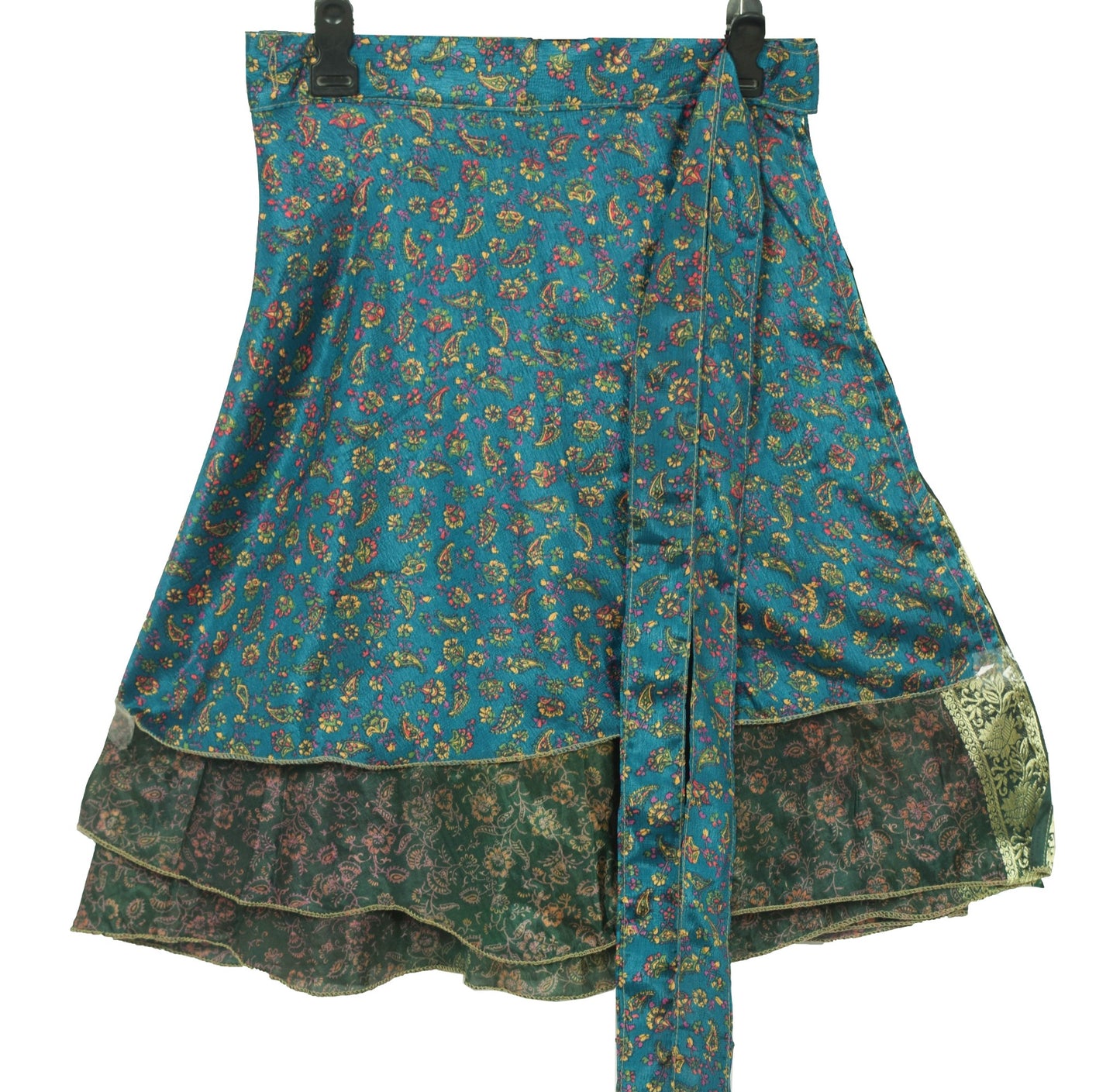 Sushila Vintage Dark Green Mini Wrap Magic Skirt Art Silk Reversible Beach Dress