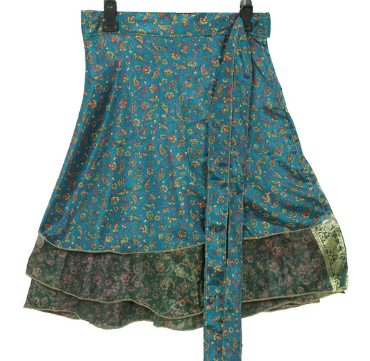 Sushila Vintage Dark Green Mini Wrap Magic Skirt Art Silk Reversible Beach Dress